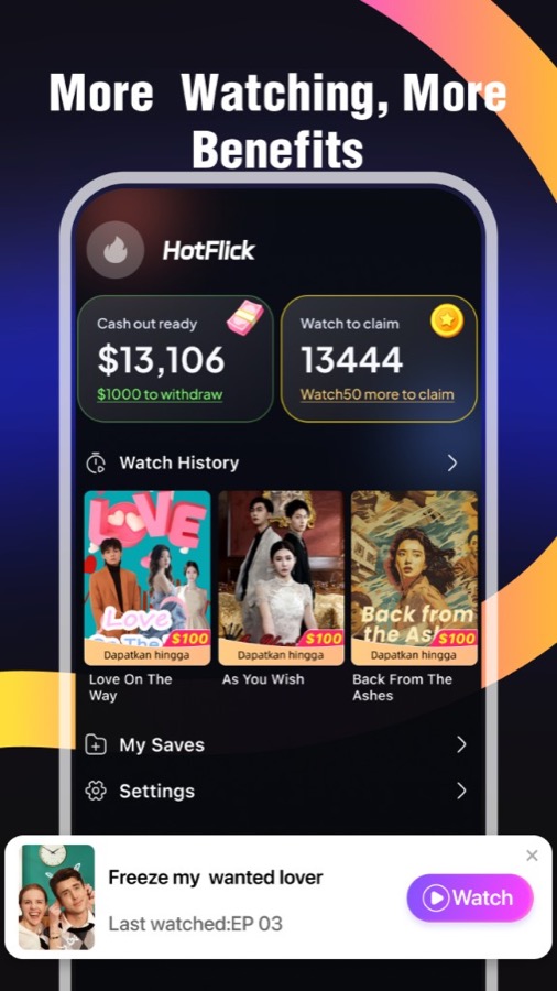 HotFlick rewards dashboard with cash and points